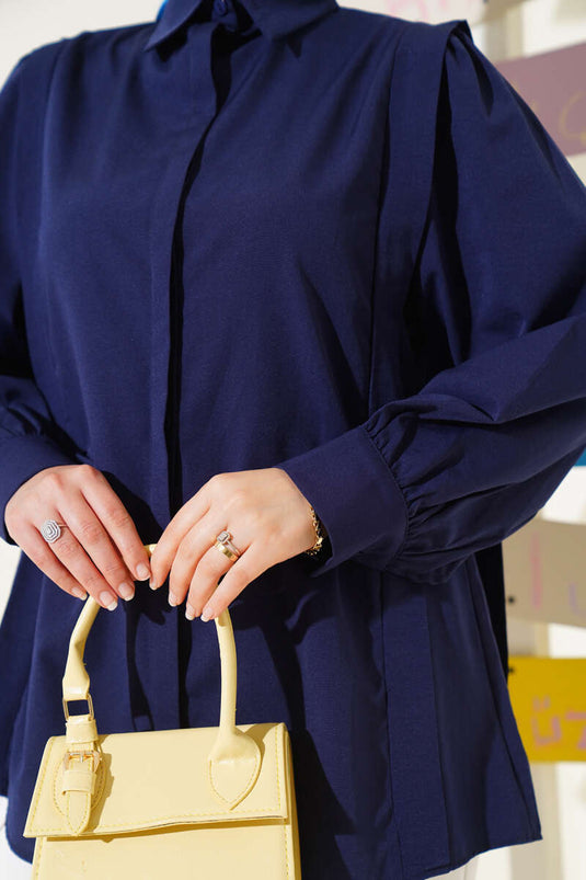 Shoulder Pleat Detailed Shirt Navy Blue