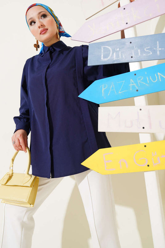 Shoulder Pleat Detailed Shirt Navy Blue
