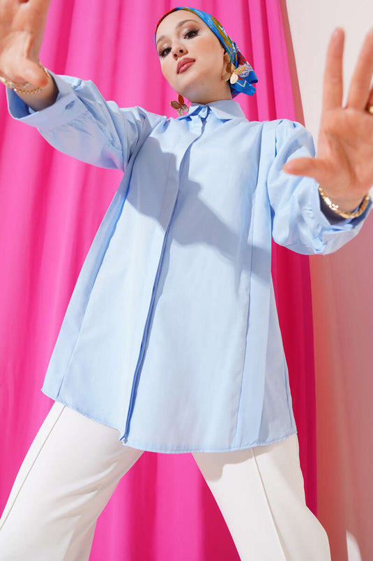 Omuz Pile Detaylı Gömlek Mavi
