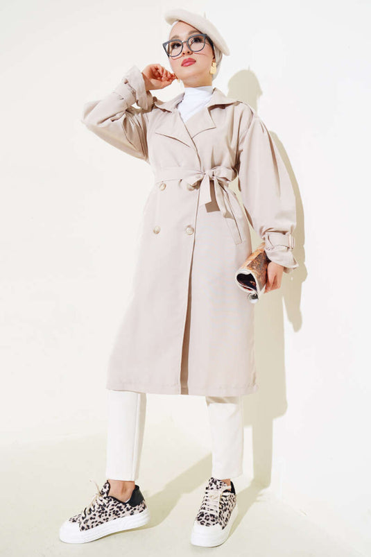 Shoulder Pleated Lined Trench Coat Beige