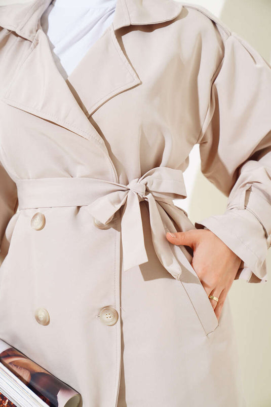 Shoulder Pleated Lined Trench Coat Beige