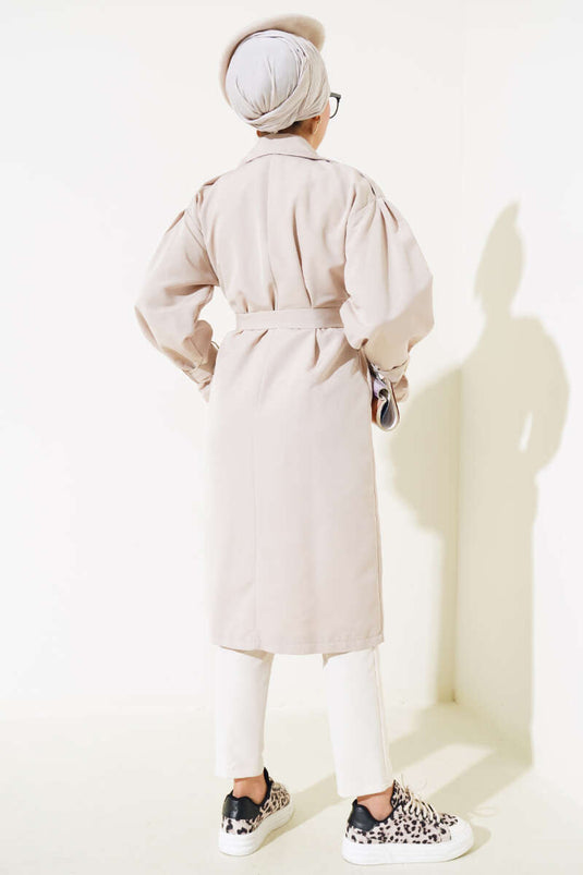 Shoulder Pleated Lined Trench Coat Beige