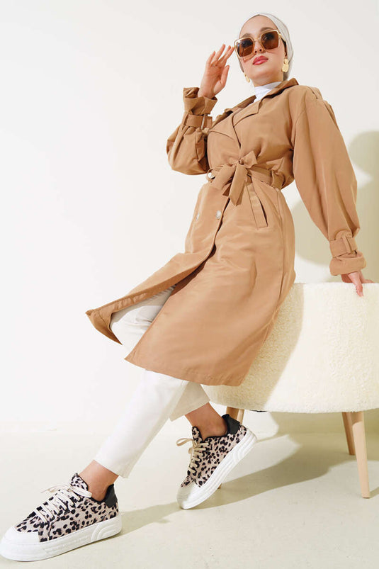 Shoulder Pleated Lined Trench Coat Camel