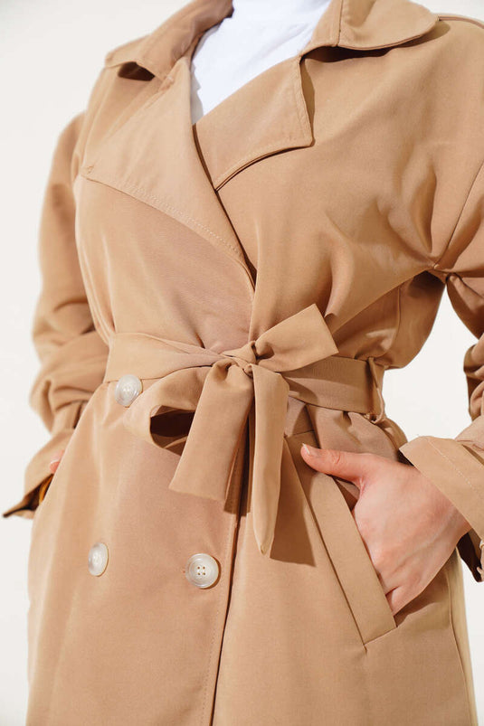 Shoulder Pleated Lined Trench Coat Camel