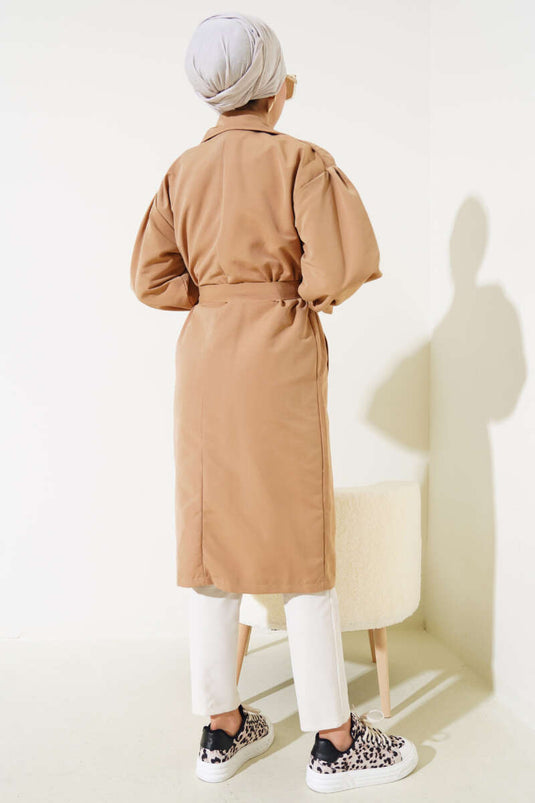 Shoulder Pleated Lined Trench Coat Camel