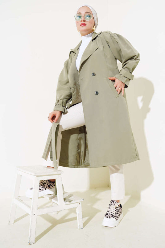 Shoulder Pleated Lined Trench Coat Khaki