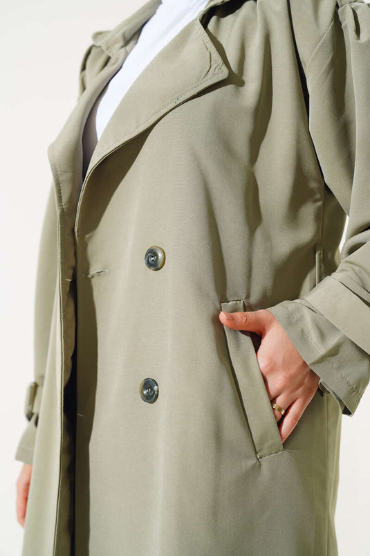 Shoulder Pleated Lined Trench Coat Khaki