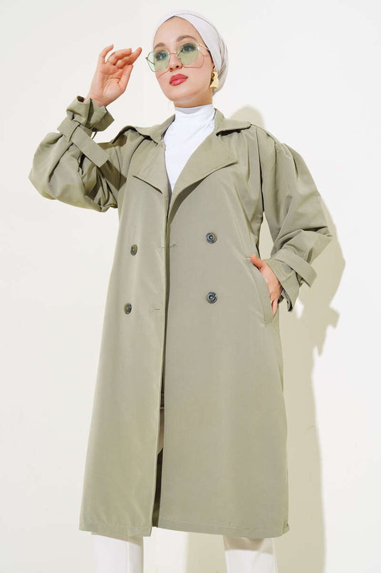 Shoulder Pleated Lined Trench Coat Khaki