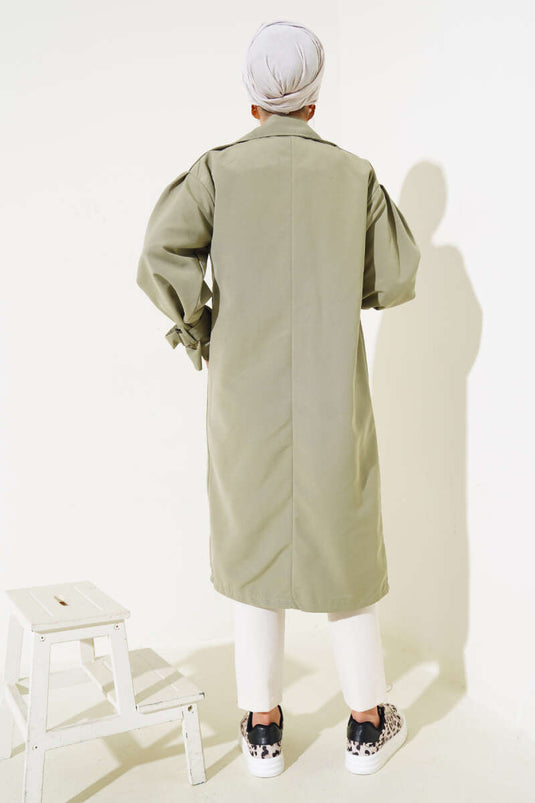 Shoulder Pleated Lined Trench Coat Khaki