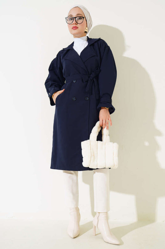 Shoulder Pleated Lined Trench Coat Navy Blue