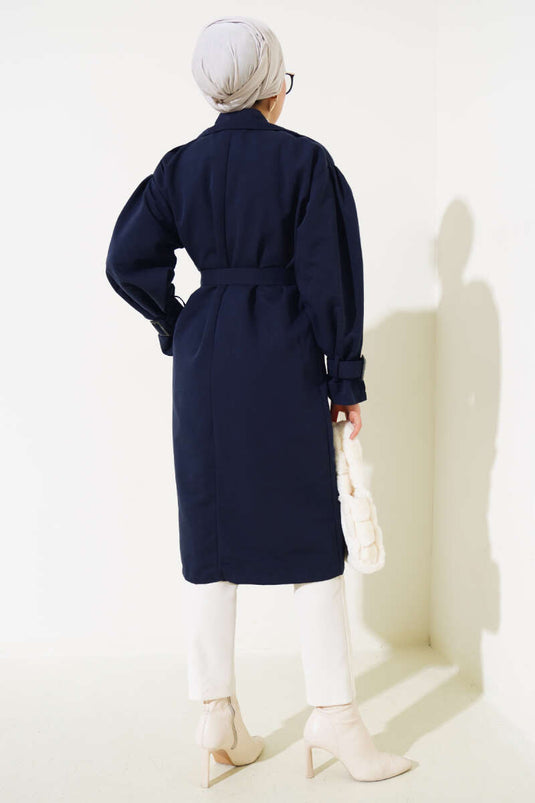 Shoulder Pleated Lined Trench Coat Navy Blue