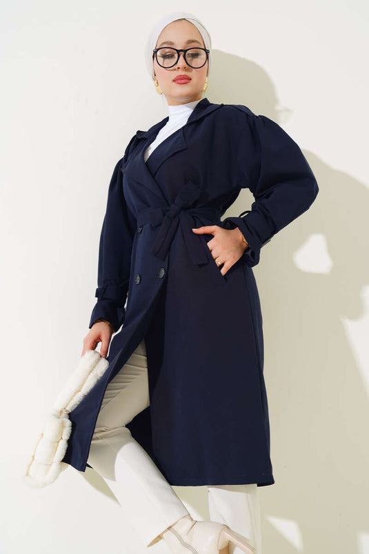 Shoulder Pleated Lined Trench Coat Navy Blue