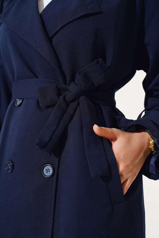 Shoulder Pleated Lined Trench Coat Navy Blue