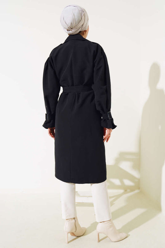 Shoulder Pleated Lined Trench Coat Black