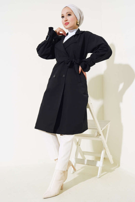 Shoulder Pleated Lined Trench Coat Black