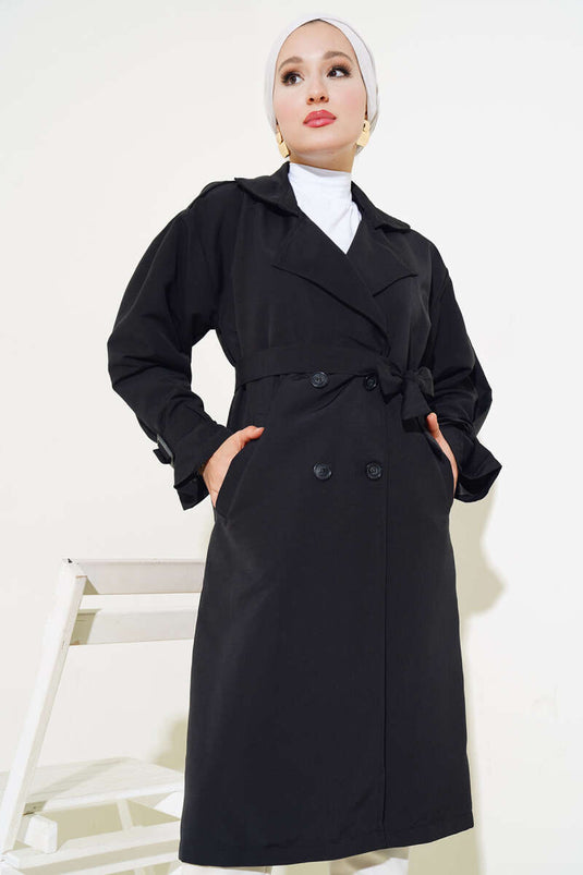 Shoulder Pleated Lined Trench Coat Black