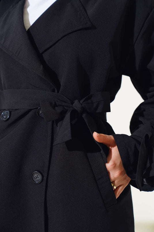 Shoulder Pleated Lined Trench Coat Black