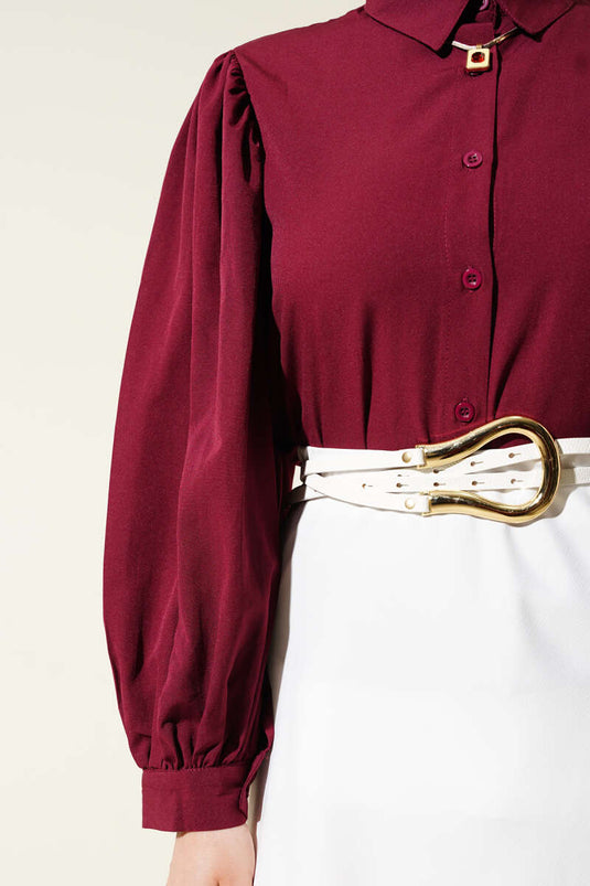 Shoulder Pleated Balloon Sleeve Short Shirt Claret Red