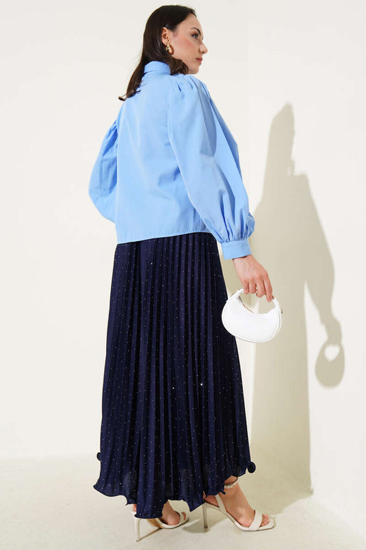 Shoulder Pleated Balloon Sleeve Short Shirt Blue