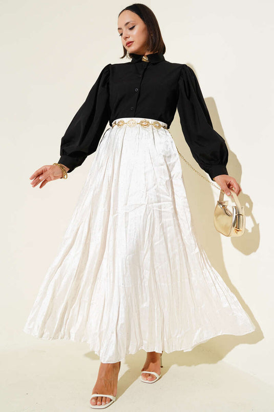 Shoulder Pleated Balloon Sleeve Short Shirt Black