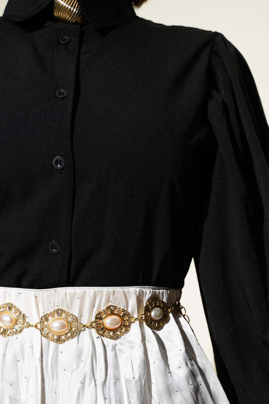 Shoulder Pleated Balloon Sleeve Short Shirt Black