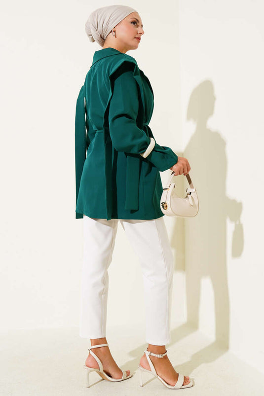 Shoulder Pleated Rope Tied Jacket Emerald