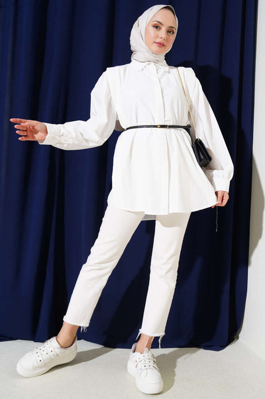 Chemise ceinturée à plis aux épaules écru