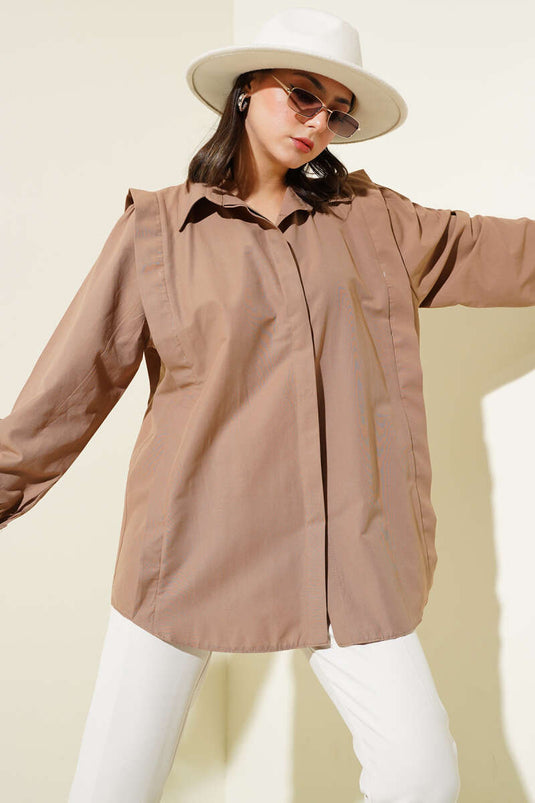 Omuz Pileli Kemerli Gömlek Kahve