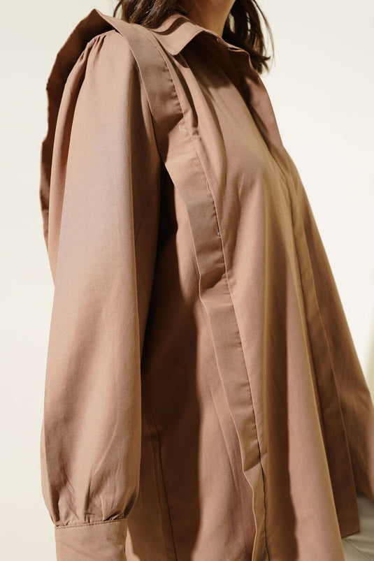 Omuz Pileli Kemerli Gömlek Kahve