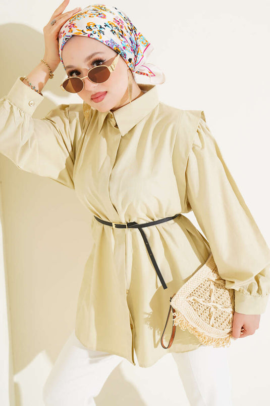 Chemise ceinturée à plis aux épaules, citron vert