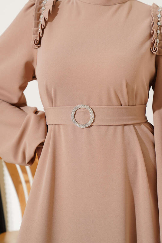 Robe Pierre Plissée Epaule Camel