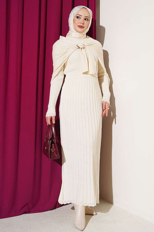 Beige Shoulder Shawl Detail Knit Dress