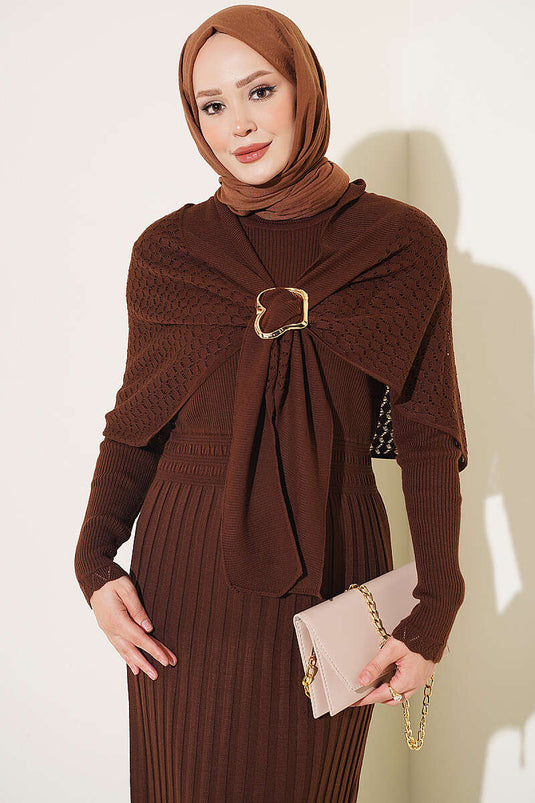 Brown Shoulder Shawl Detail Knit Dress