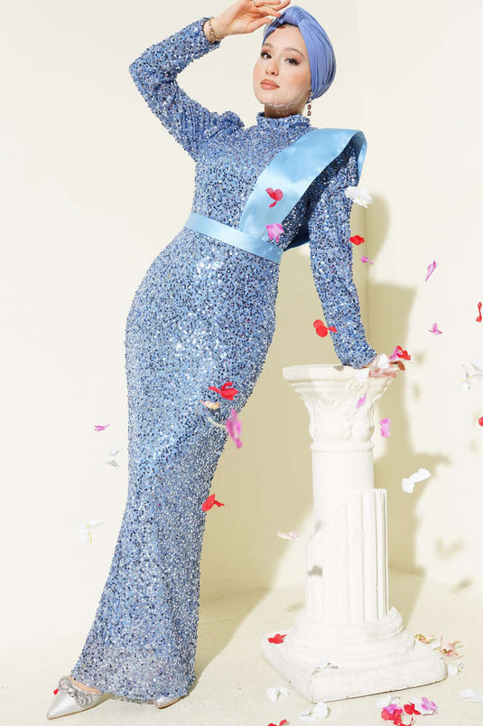 Off the Shoulder Satin Sequin Evening Dress Baby Blue