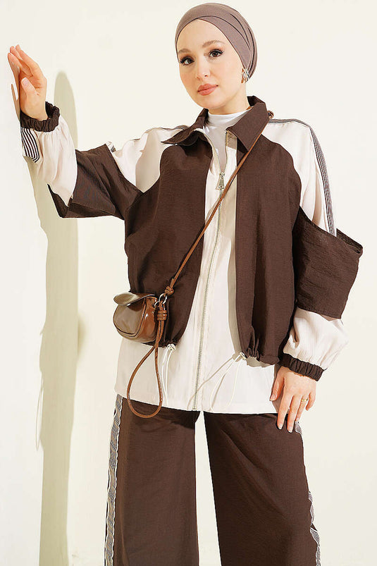 Ensemble Deux Pièces En Tricot Avec Détails De Rayures Aux Épaules Marron
