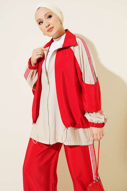 Ensemble Deux Pièces Rouge Avec Bandeau Sur L'épaule Et Tissu Tricoté
