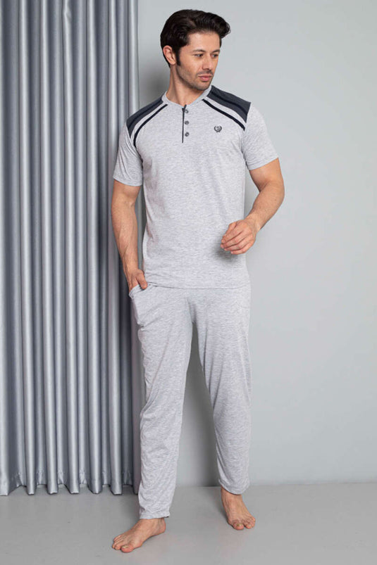 Shoulder Striped Short Sleeve Men's Pajama Set Gray
