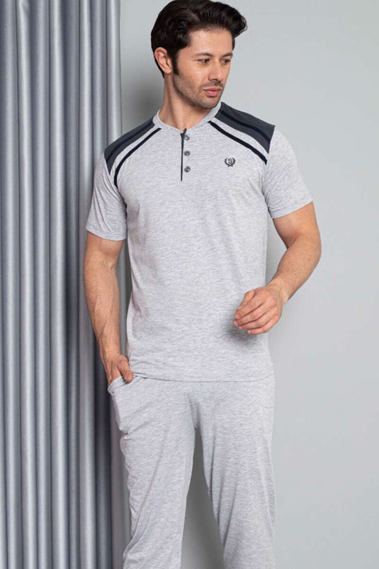 Shoulder Striped Short Sleeve Men's Pajama Set Gray