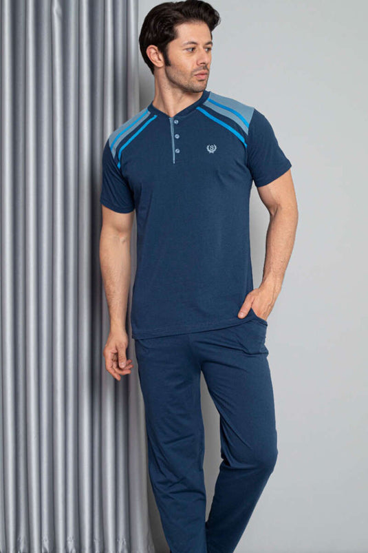 Shoulder Striped Short Sleeve Men's Pajama Set Indigo