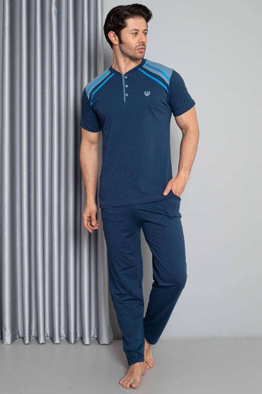 Shoulder Striped Short Sleeve Men's Pajama Set Indigo