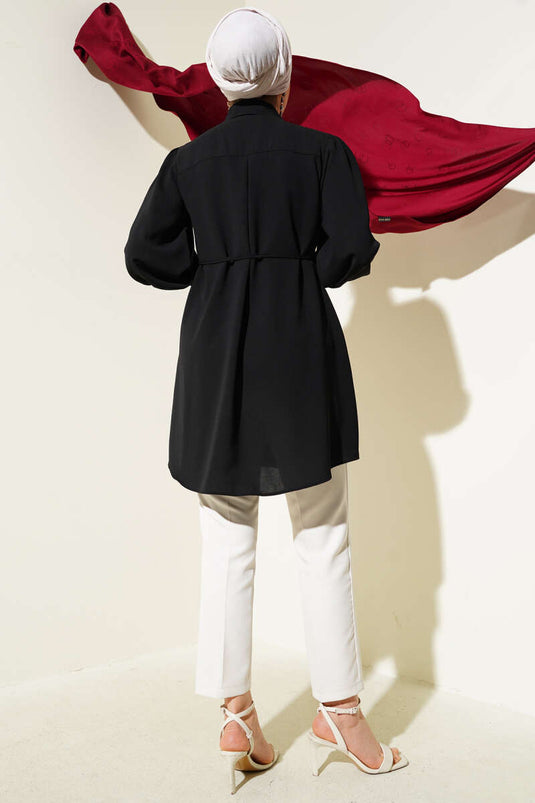 Omuz Taş Detaylı İp Kuşaklı Gömlek Siyah