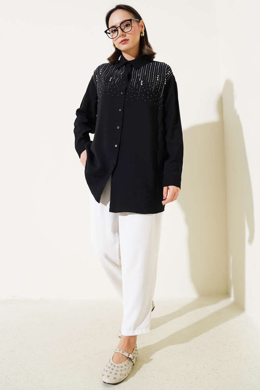 Chemise rayée noire à épaules dénudées