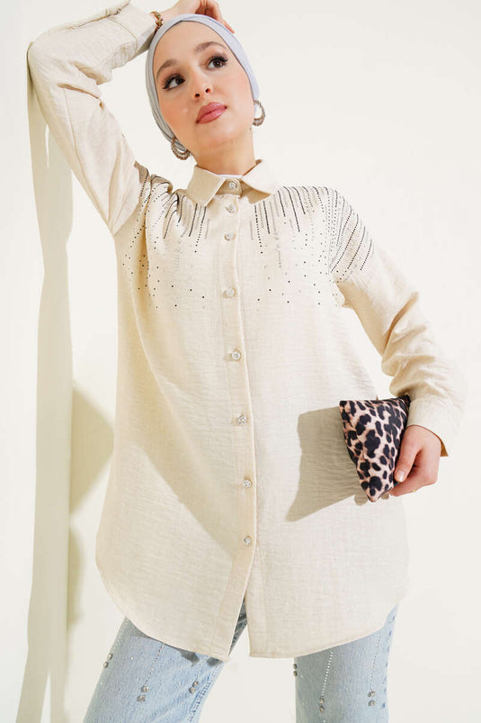 Beige Shirt with Shoulder Stone Embellishments