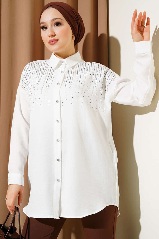 Shoulder Stone Embellished Shirt White