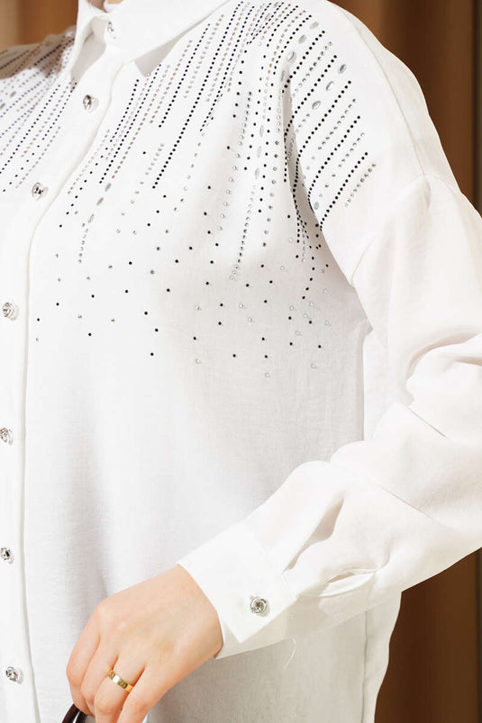 Shoulder Stone Embellished Shirt White