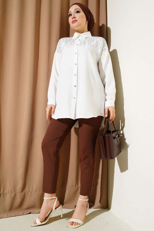 Shoulder Stone Embellished Shirt White