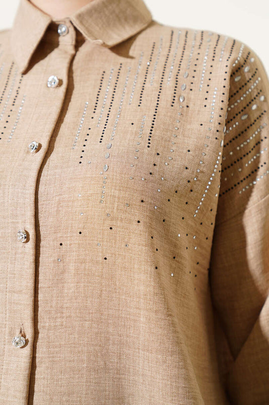 Shoulder Stone Embellished Shirt Camel