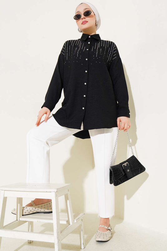 Shoulder Stone Embellished Shirt Black