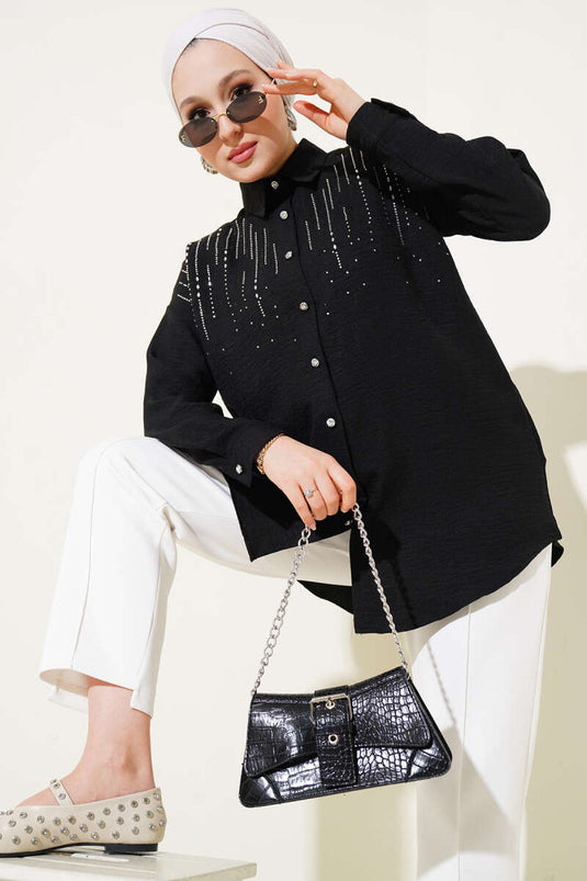 Shoulder Stone Embellished Shirt Black