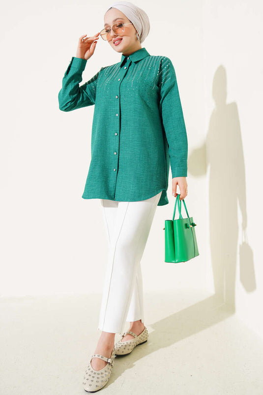 Shoulder Stone Embellished Shirt Green